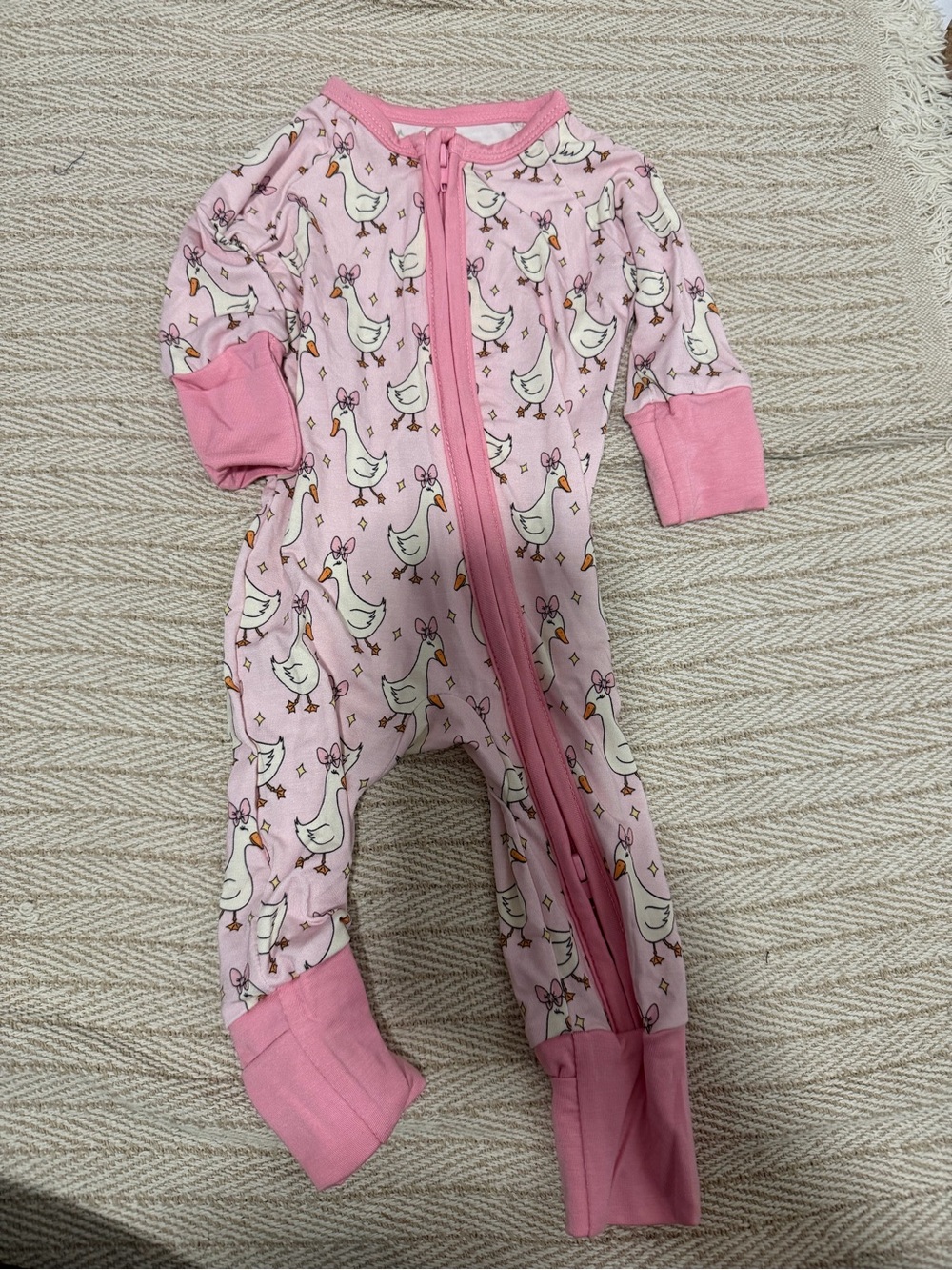 Pink Goose-Print Zippered Kids Pajama One-Piece